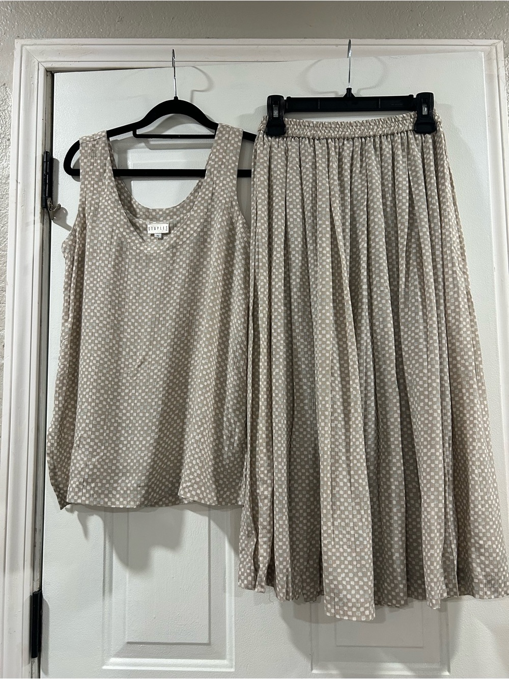 Staples  Taupe Polka Dot Pleated Midi Skirt